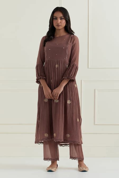 Buy Brown Chanderi Hand Embroidery Floral Motif Round Neck Anarkali ...