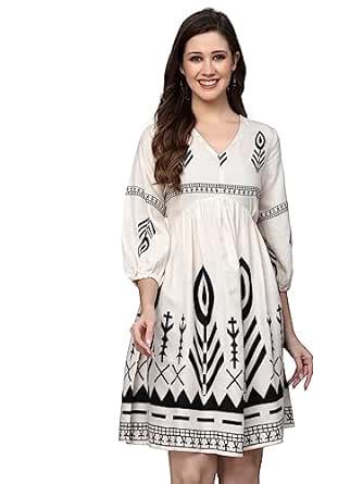 Buy Stylum Women's Printed Rayon Flared Dress Off White at Amazon.in