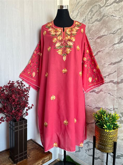 ‘Bageecha’ Pink Cotton Semi Stitched Cream Aari Work Kurti – Saugaat ...