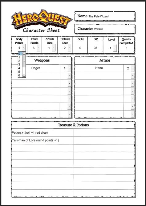 Digital Editable Heroquest Character Sheet PDF for Smart Phones / Laptops - Etsy