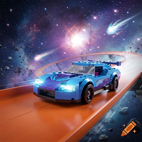 A blue Lego Hot Wheels car with glowing headlights races on an orange track through a vibrant ...