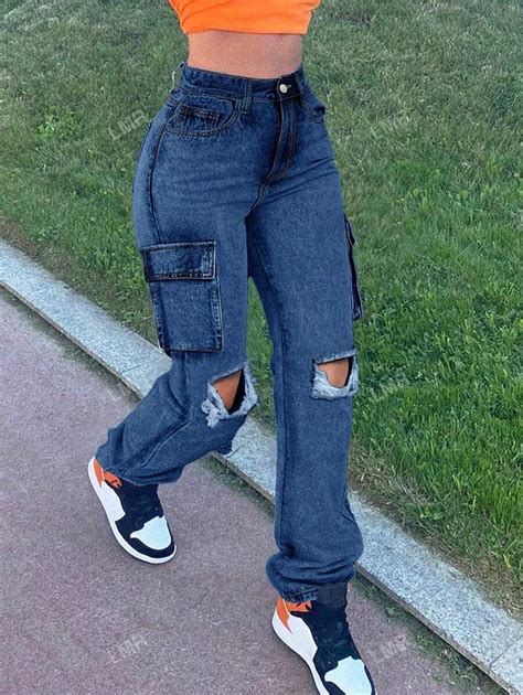 Cut Out Flap Pocket Cargo Jeans | SHEIN USA