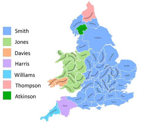 Map of most common surnames in England during the 1881 census. Look who ...
