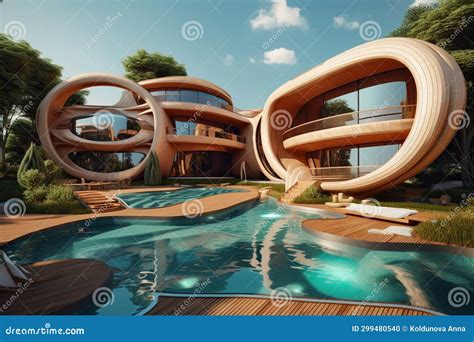Bright Futuristic House with Apartments with Pools, Concept of ...