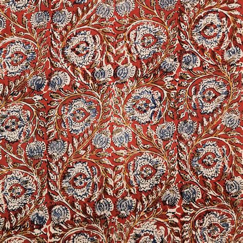 Modal Cotton Kalamkari Rust Red With Rust Blue Fruit Jaal Hand Block P ...
