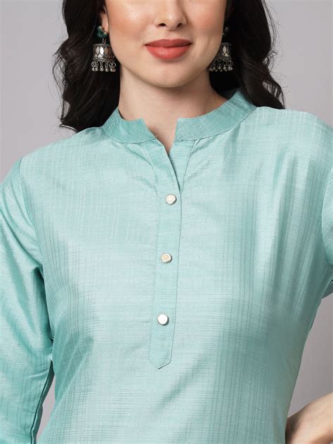 Sea Green Women Cotton Silk Blend Plain Straight Kurta Set with Trouse ...