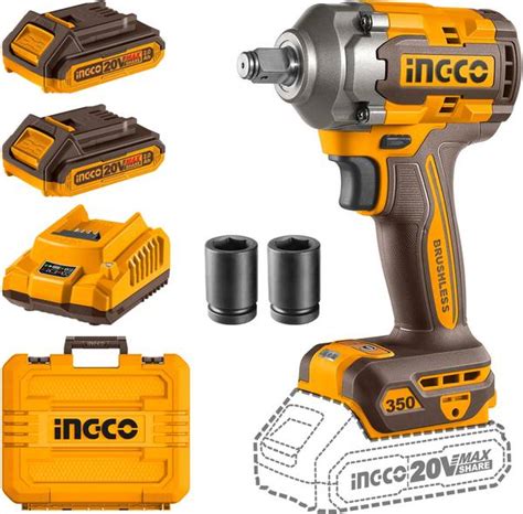 INGCO 20V Brushless Cordless Impact Wrench 350Nm with 2 Batteries and ...