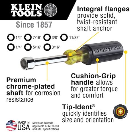 Klein Tools 6-Inch Shaft 7-Piece Standard (SAE) Hex Nut Driver Set 647 ...
