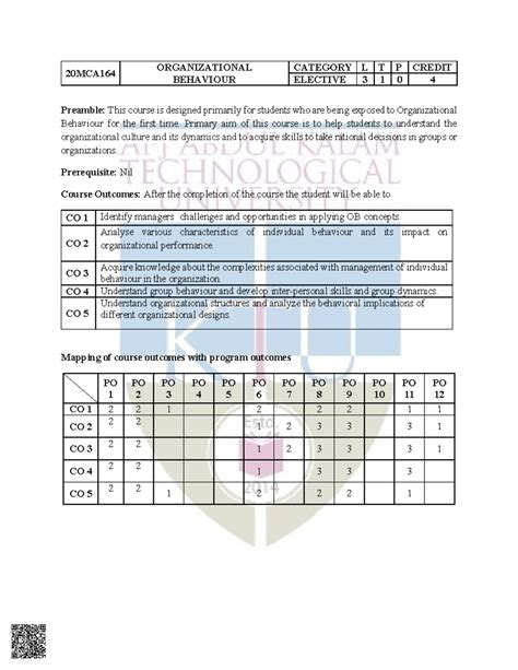 20MCA164 Organizational Behaviour Course Syllabus and Assessment Guide ...