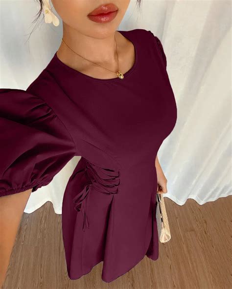 Burgundy Puff Sleeve A-Line Midi Dress - Littlebox India