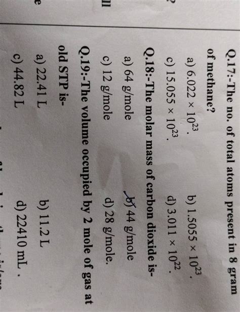 Q.18:-The molar mass of carbon dioxide is- | Filo