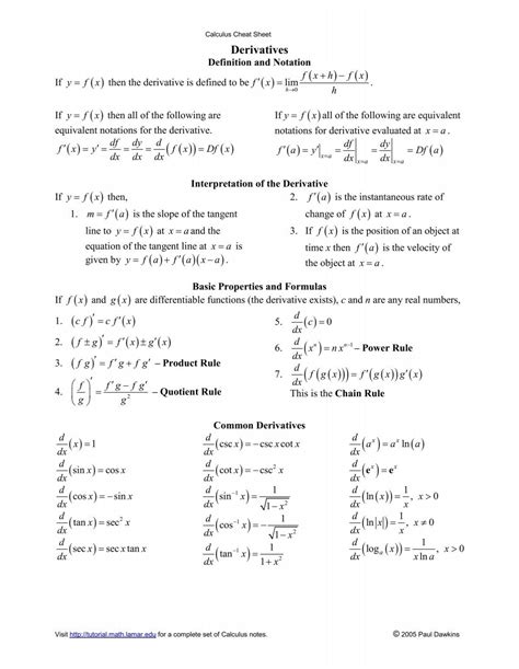 Calculus Cheat Sheet Derivatives - Pauls Online Math Notes