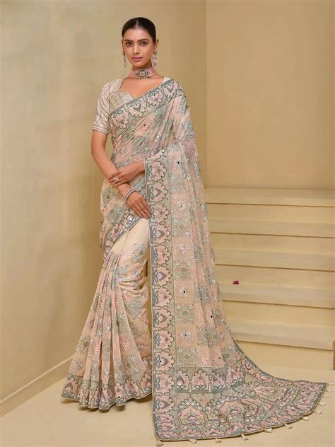 Cream Banarasi Silk Saree with Moti, Mirror, Jari, Thread & Sequence ...