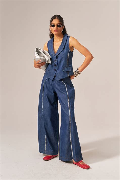 ISABELLE COTTON DENIM WAISTCOAT AND PANTS CO-ORD SET FOR WOMEN BY ...