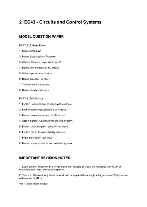 21EC43 Circuits and Control Systems Revision Notes & Model QP - Studocu