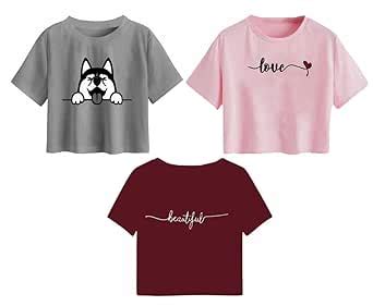 100LUCK Girls Half Sleeve Printed Cotton Crop Top Pack of 3-Multicolor ...