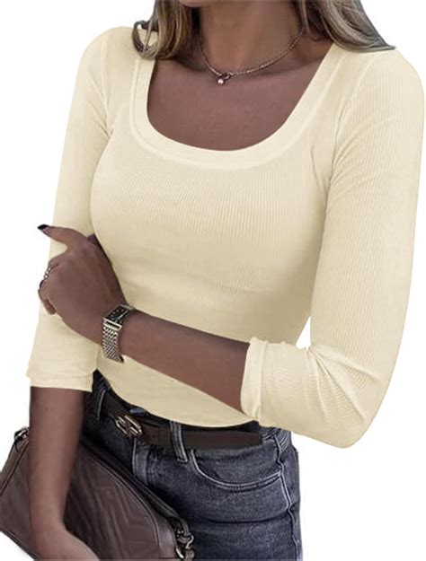 SPR&JOY Women's Square Neck T-Shirts 3/4 Sleeve Slim Fit Tops Summer ...