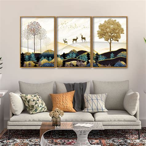 Abstract Golden Landscape Trees with Golden Deer Floating Canvas Wall ...