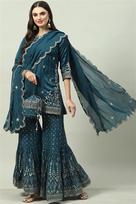 Teal Blue Viscose Straight Kurta Garara Suit Set