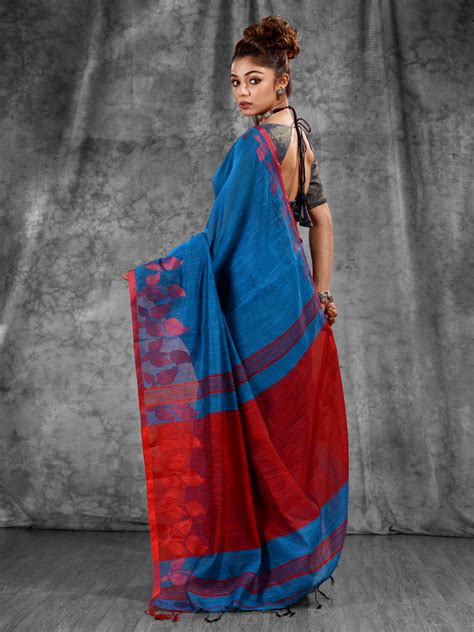 Sapphire Blue Cotton Blend Handwoven Saree With Texture Design – Charukriti
