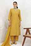 Buy Mustard Silk, Organza Embroidery V-neck French Knot Kurta Set For ...