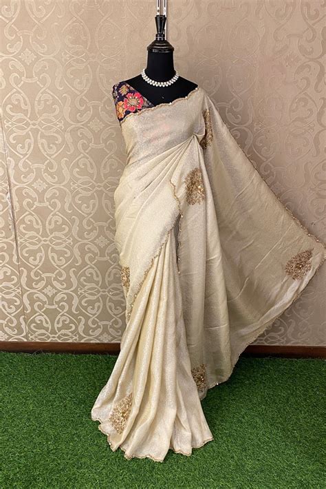 Golden Tissue Silk Embroidery Saree, With Unstich Jamewar Blouse Piece ...