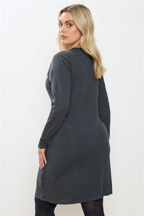 YOURS Plus Size Grey Button Ribbed Tunic Dress | Yours Clothing