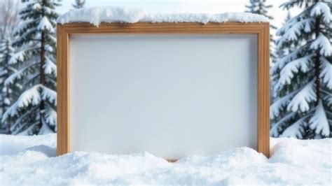 A blank wooden frame resting on snow in a serene winter landscape ...