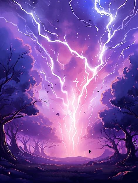 A painting of a lightning bolt and a purple sky with trees and a bird ...