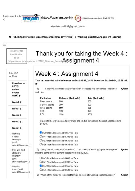 Lakshman Working Capital Management - Unit 6 - Week 4 - Thank you for ...