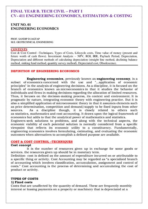 Unit No. 01 - Engineering economics - FINAL YEAR B. TECH CIVIL – PART I ...