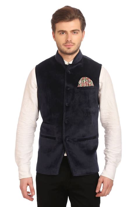 Wintage Men's Velvet Grandad Collar Party Blue Nehru Vest Waistcoat