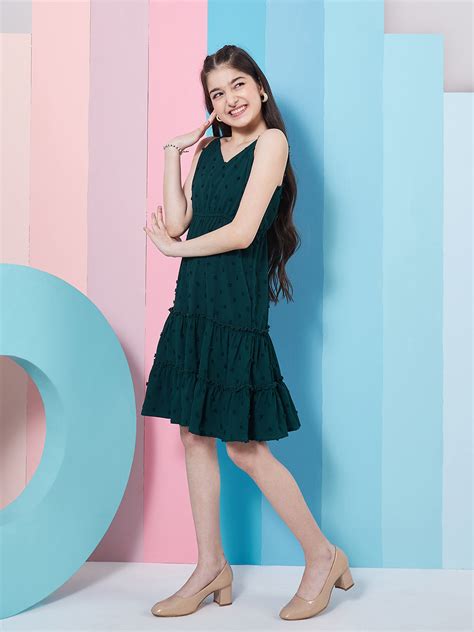Shop Green Dobby Dress for Girls Online