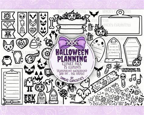 Halloween Planning LINEART Digital Planner Clipart, Icons With Sticky ...