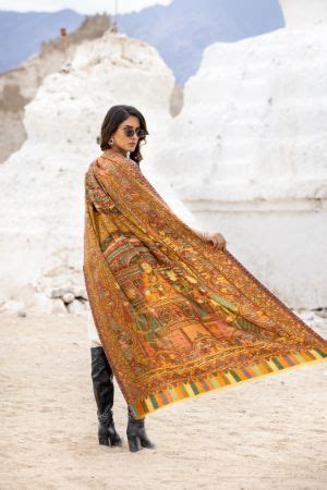 Heritage Mughal Darbaar Woolen Shawl for Women - Amber Yellow