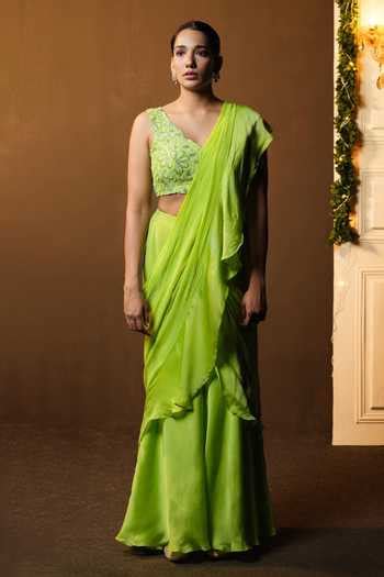 Buy Green Georgette, Satin, Silk, Organza Cut Ruffle Pre-draped Saree ...