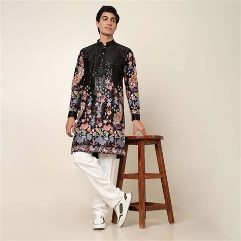 Black Floral Embroidered Kurta for Men