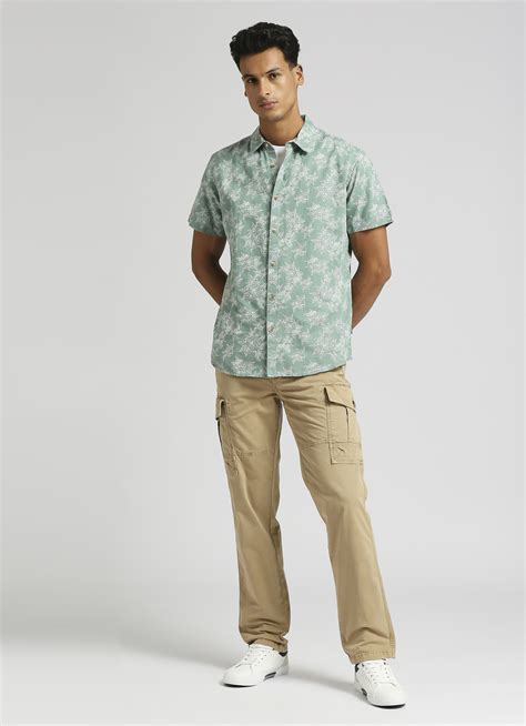 Olive Floral Print Pure Linen Short Sleeve Shirt | Pepe Jeans India