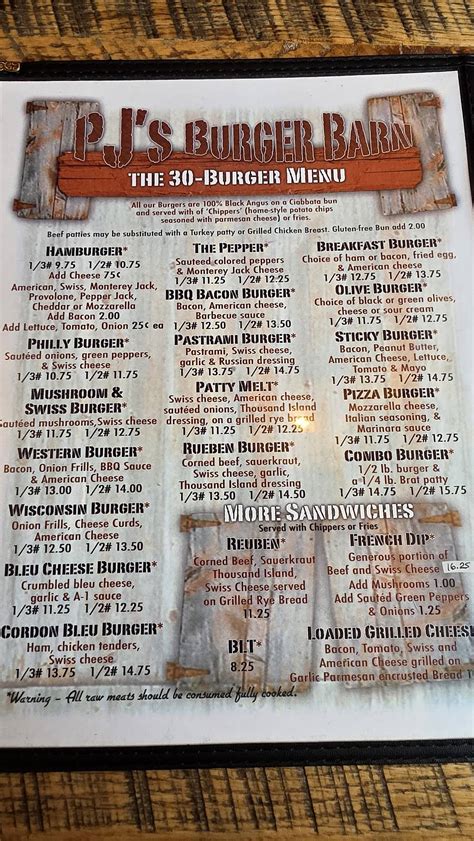 Menu at PJ's Burger Barn, Woodruff