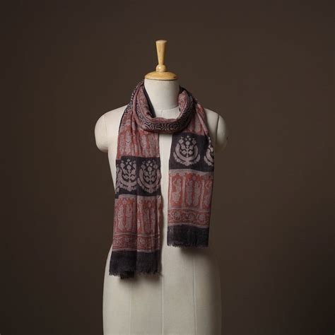 Brown Handloom Woolen Natural Dyed Block Print Bagru Stole
