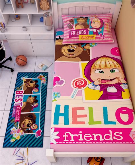 Athom Living Masha And The Bear Cotton Single Kids Bedsheet With Runne