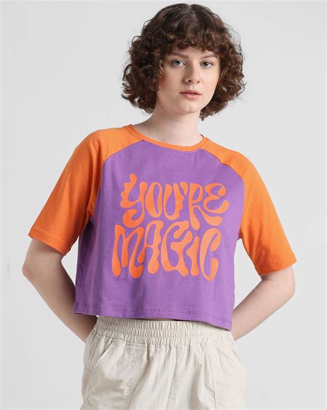 Purple Colourblocked Cropped T-shirt