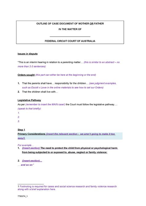 Case Outline Assessment Blank - OUTLINE OF CASE DOCUMENT OF MOTHER OR FATHER IN THE MATTER OF ...