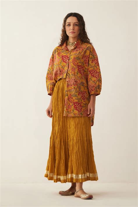 BURNT ORANGE FLORAL CHINTZ COTTON SHIRT WITH GHAGRA – SHIVANI BHARGAVA