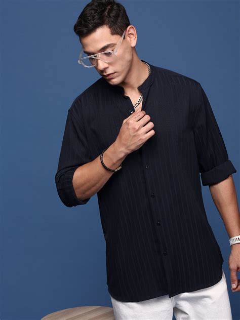 SHOWOFF Men's Mandarin Collar Solid Navy Blue Slim Fit Shirt
