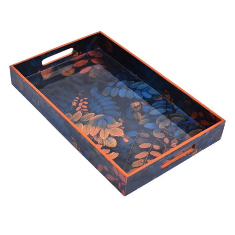 Midnight Blue Leaves Wooden Tray