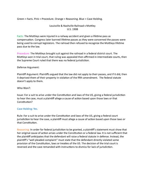 LNRR v Mottley (Federal Question) - Green = Facts. Pink = Procedure ...