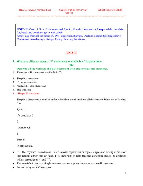 UNIT-IIQA - UNIT-II UNIT- II: Control Flow: Statements and Blocks, if ...