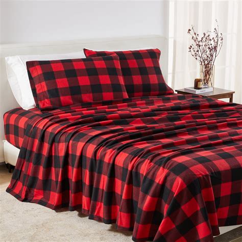 Soft Polar Fleece Plaid Sheet Set, 4-Piece Queen Size Sheets, Red ...
