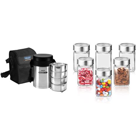 Buy MILTON Tuscany4 Tiffin, Silver & Treo Cube Storage Glass Jar, Set ...